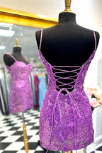Sheath Spaghetti Straps Sequined Lace Homecoming Dresses