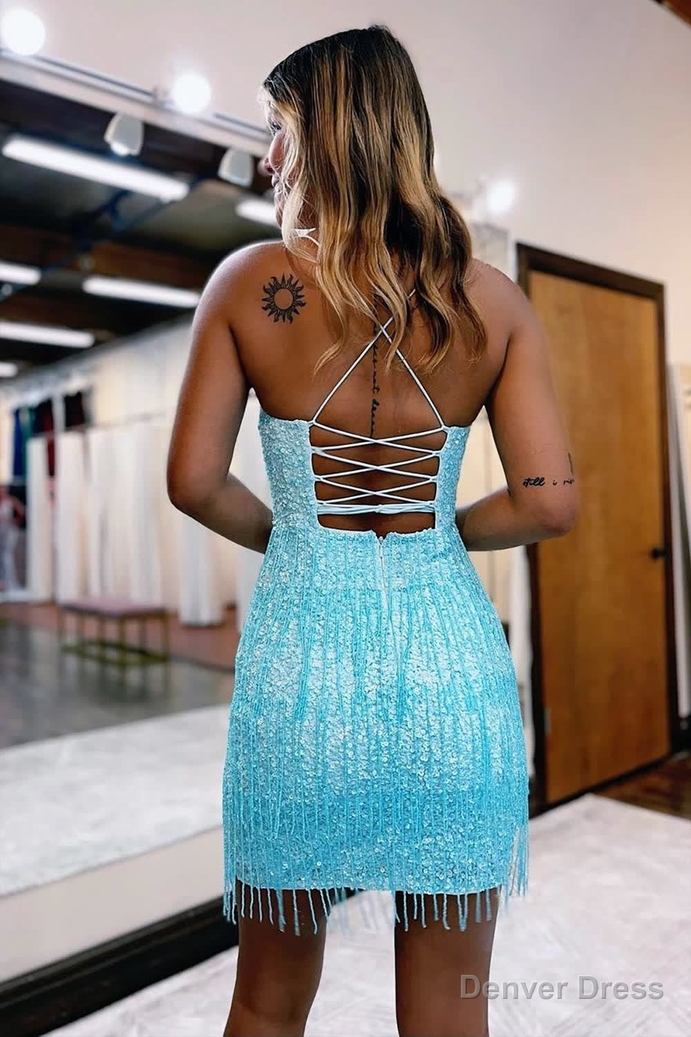 Sheath Spaghetti Straps Sky Blue Short Homecoming Dress with Tassel Secondary image