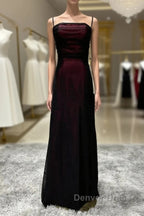 Sheath Spaghetti Straps Tulle Long Prom Dresses With Silt