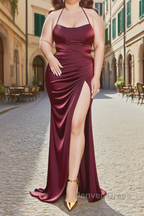 Sheath Square Neckline Sweep Train Burgundy Plus Size Prom Dress With Pleated Split Formal Evening Dresses