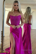 Sheath Strapless Corset Satin Prom Dresses with Slit