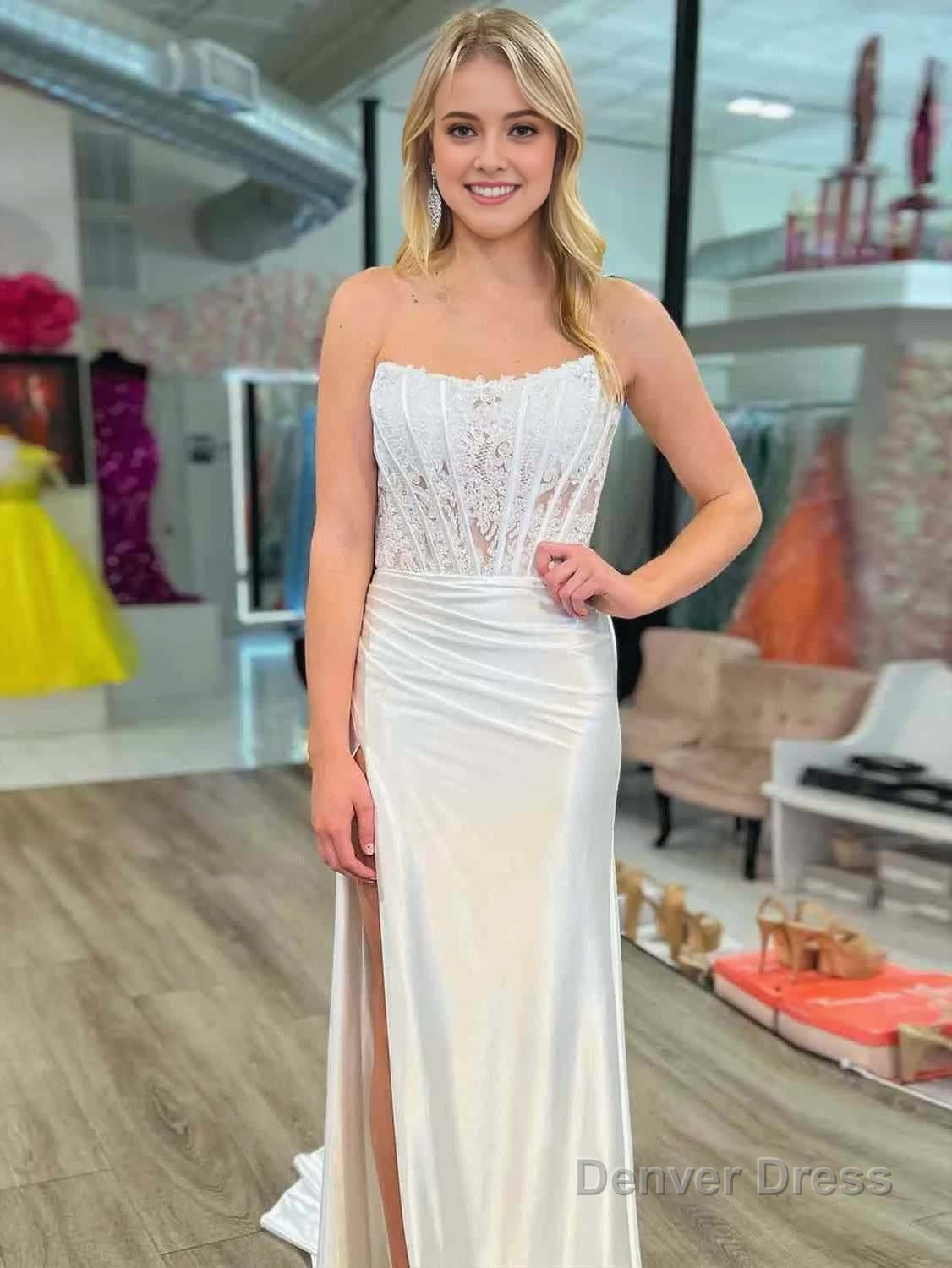 Sheath Strapless Corset Satin Prom Dresses with Slit