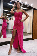 Sheath Sweetheart Blue Sequins Floor Length Prom Dresses with Split Front