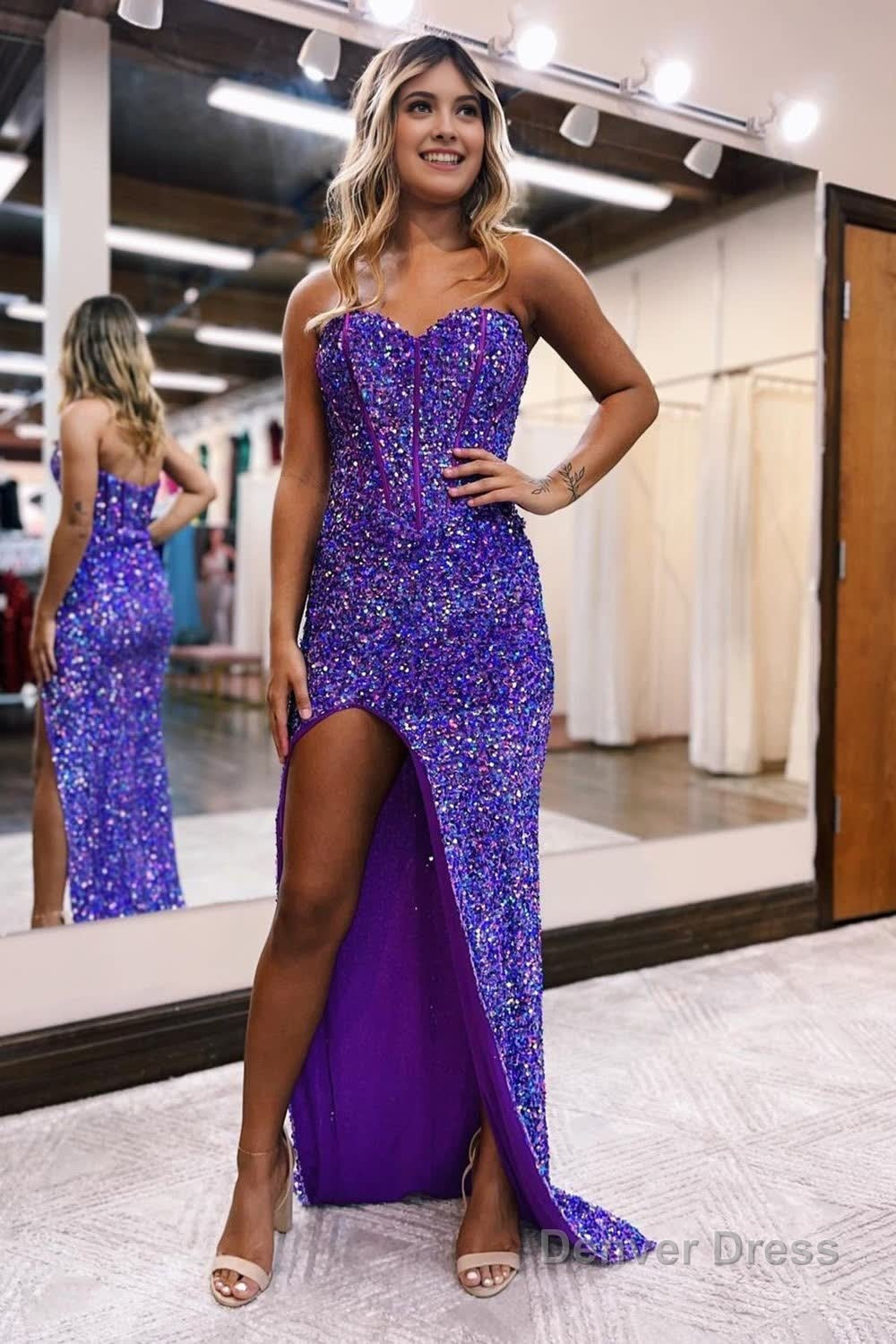 Sheath Sweetheart Blue Sequins Floor Length Prom Dresses with Split Front