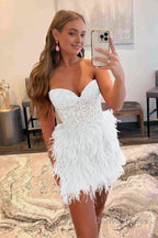 Sheath Sweetheart Lace Feather Skirt Homecoming Dresses