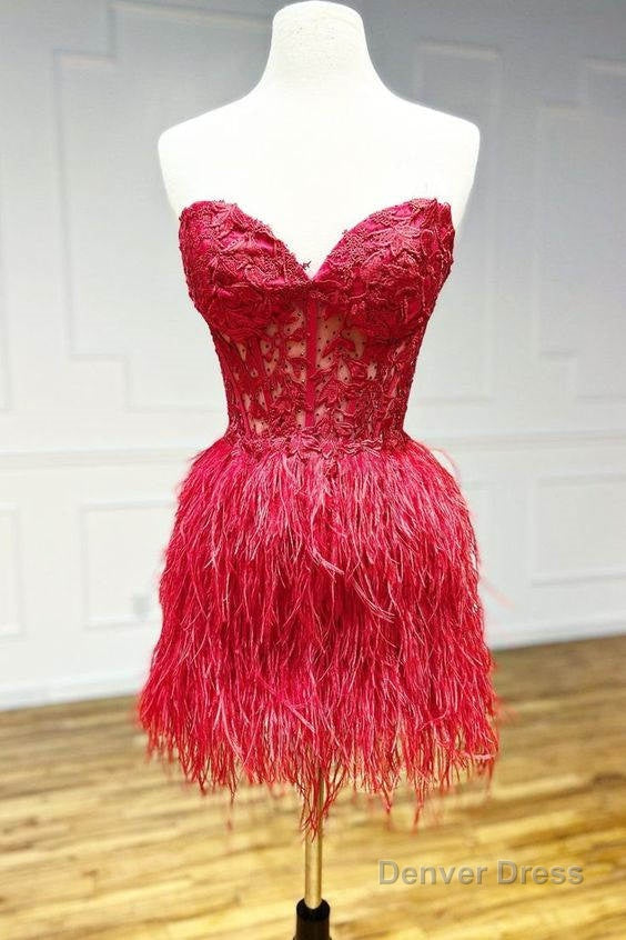 Sheath Sweetheart Lace Feather Skirt Homecoming Dresses