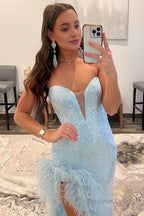 Sheath Sweetheart Light Blue Sequins Long Prom Dresses with Feather