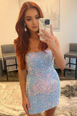 sheath sweetheart light blue sequins short homecoming dress