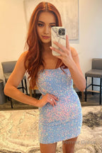 Sheath Sweetheart Light Blue Sequins Short Homecoming Dresses