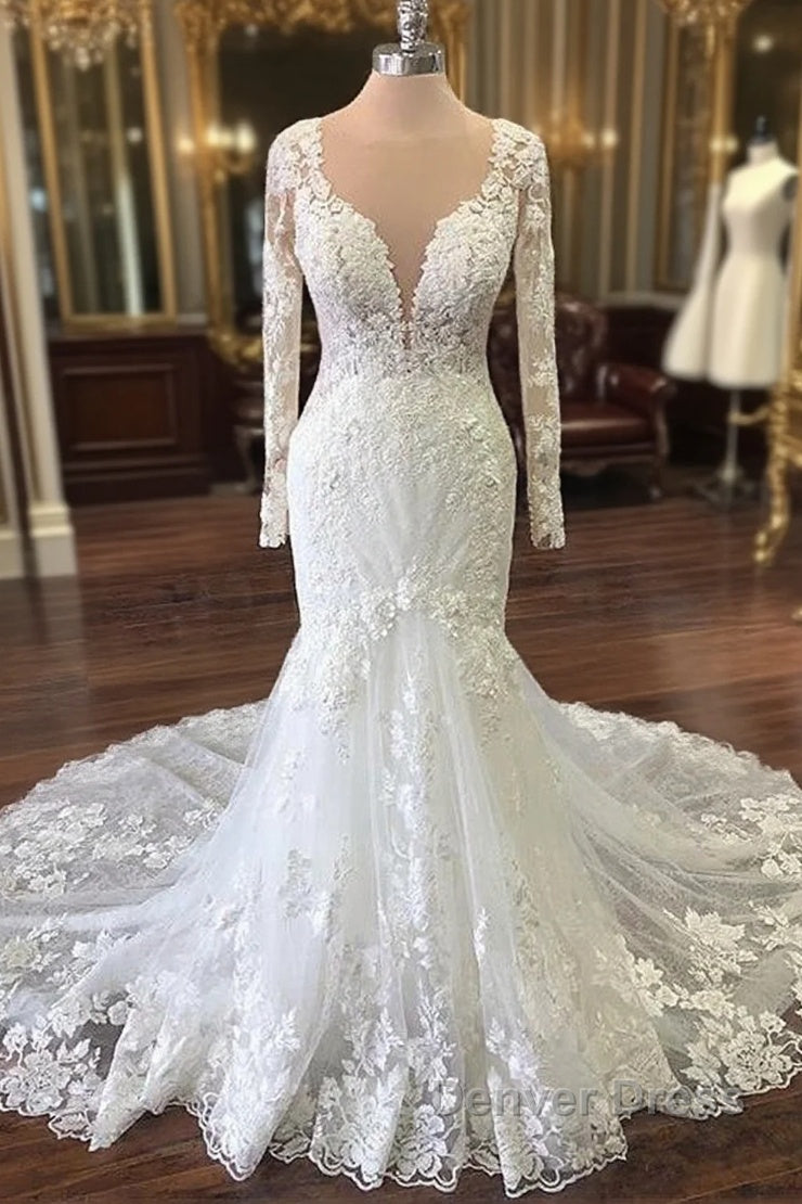 Sheath V Neck Floor Length Tulle Applique Wedding Dresses