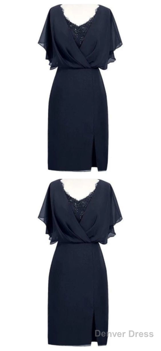 Sheath V-Neck Short Navy Blue Chiffon Homecoming Dresses