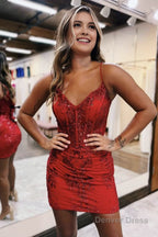 Sheath V Neck Spaghetti Straps Bodice Mini Short Homecoming Dresses