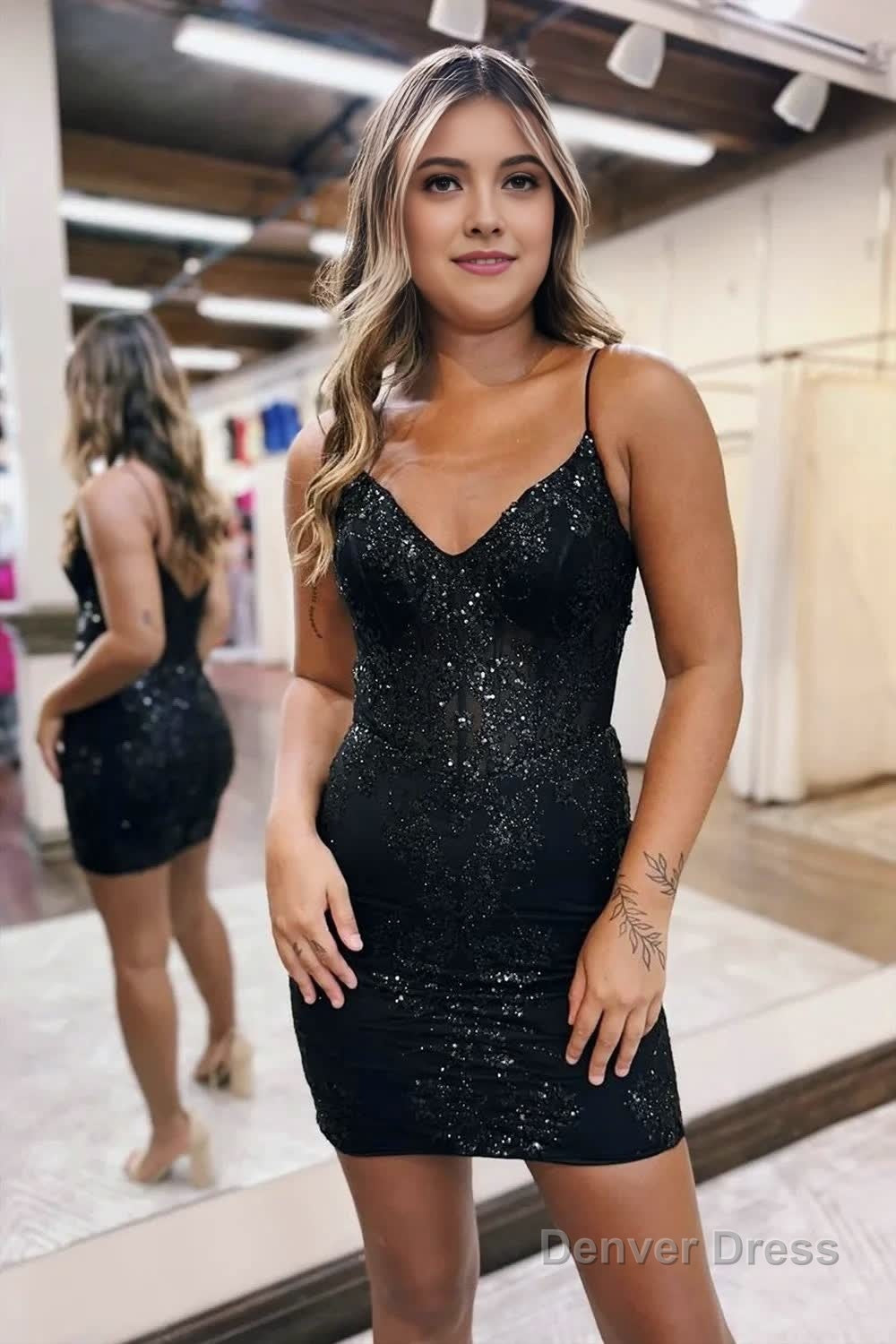 Sheath V Neck Spaghetti Straps Bodice Mini Short Homecoming Dresses