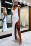 Sheath V Neck White Sequins Long Prom Dresses with Silt
