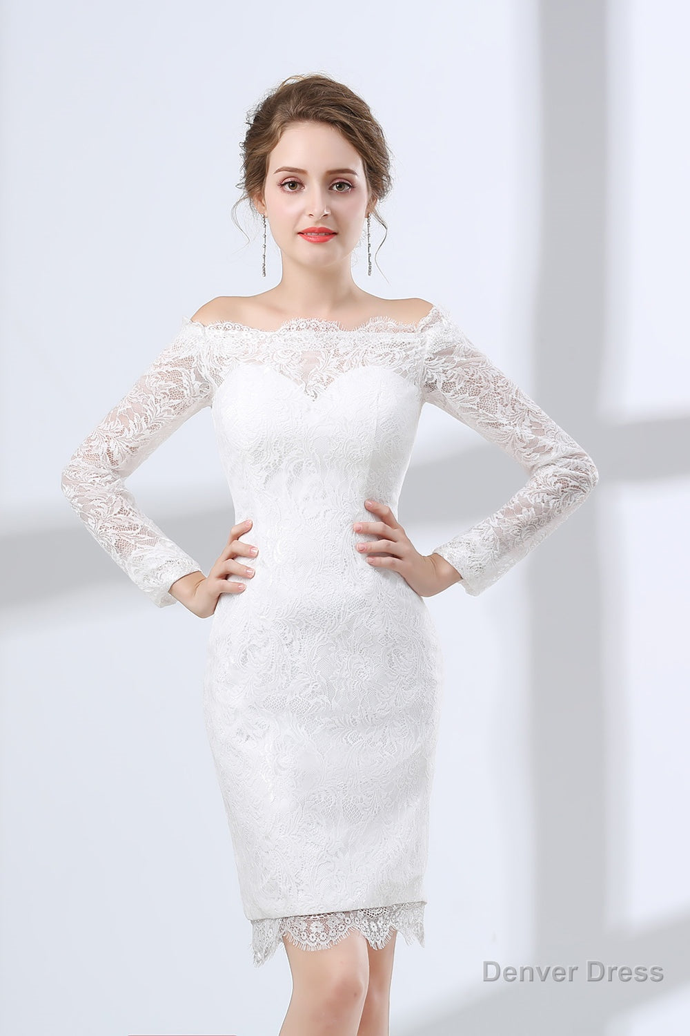 Sheath White Lace Off The Shoulder Long Sleeve Prom Dresses Main image