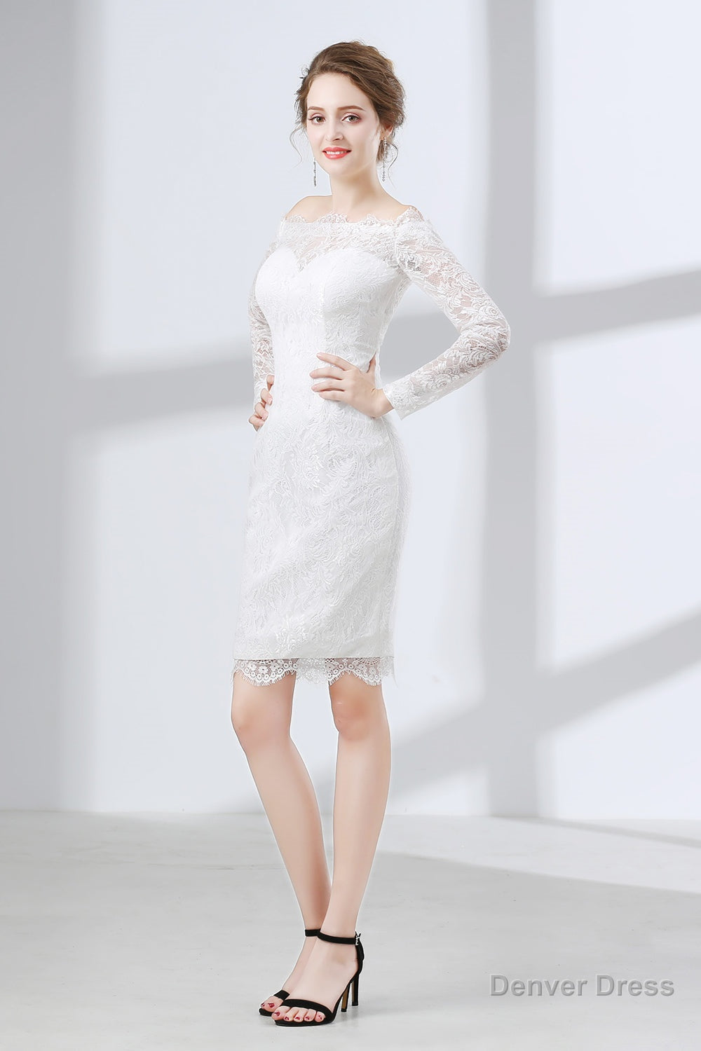 Sheath White Lace Off The Shoulder Long Sleeve Prom Dresses Secondary image