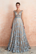 Sheer A Line Lace Sequin Jewel Long Prom Dresses with Crystals