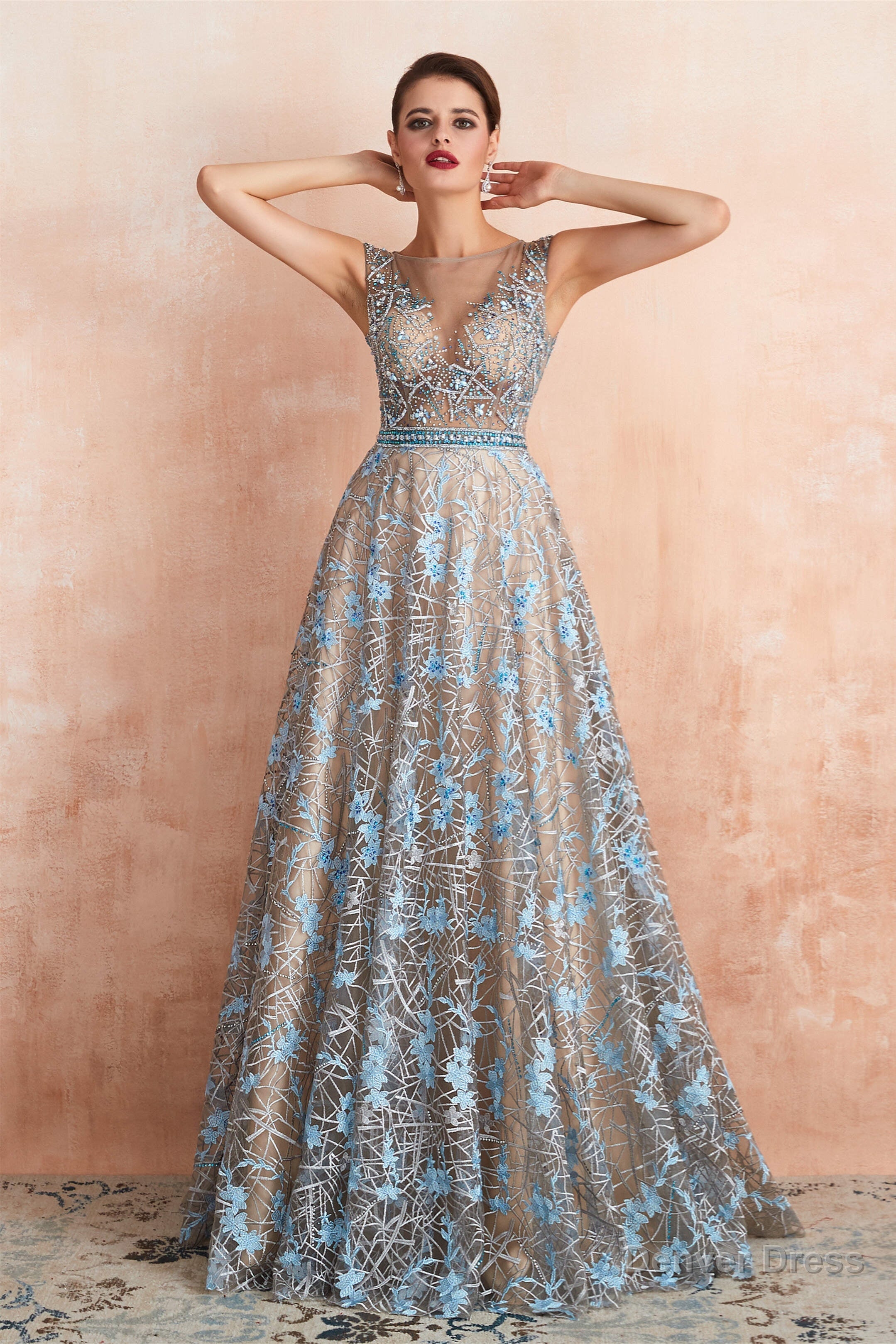 Sheer A Line Lace Sequin Jewel Long Prom Dresses with Crystals Secondary image