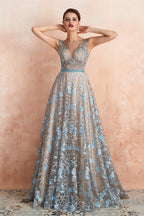 Sheer A Line Lace Sequin Jewel Long Prom Dresses with Crystals