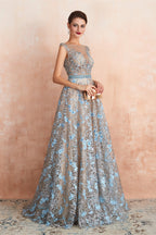 Sheer A Line Lace Sequin Jewel Long Prom Dresses with Crystals