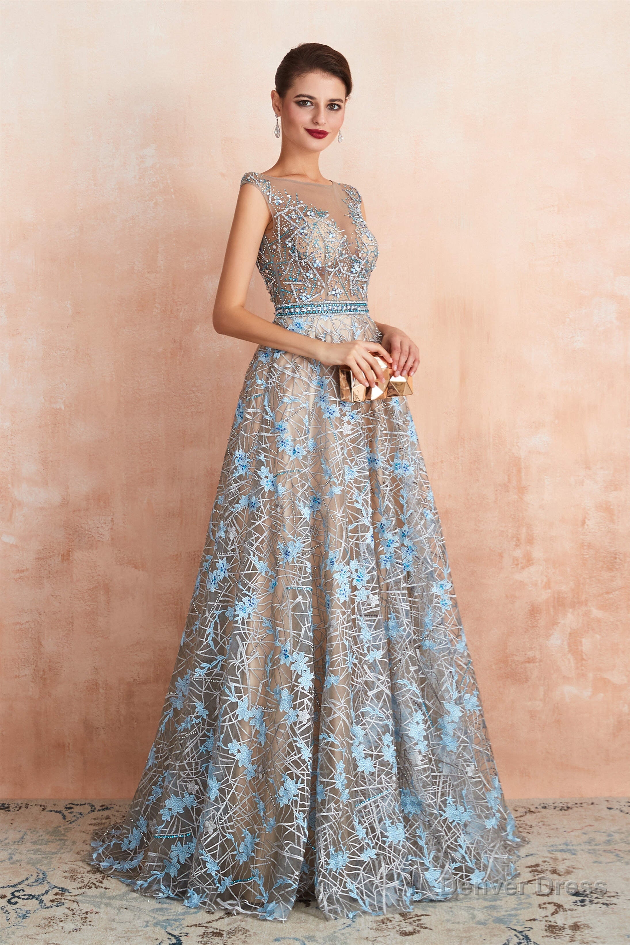 Sheer A Line Lace Sequin Jewel Long Prom Dresses with Crystals