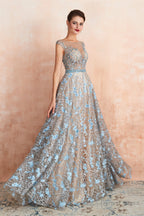 Sheer A Line Lace Sequin Jewel Long Prom Dresses with Crystals