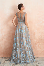 Sheer A Line Lace Sequin Jewel Long Prom Dresses with Crystals