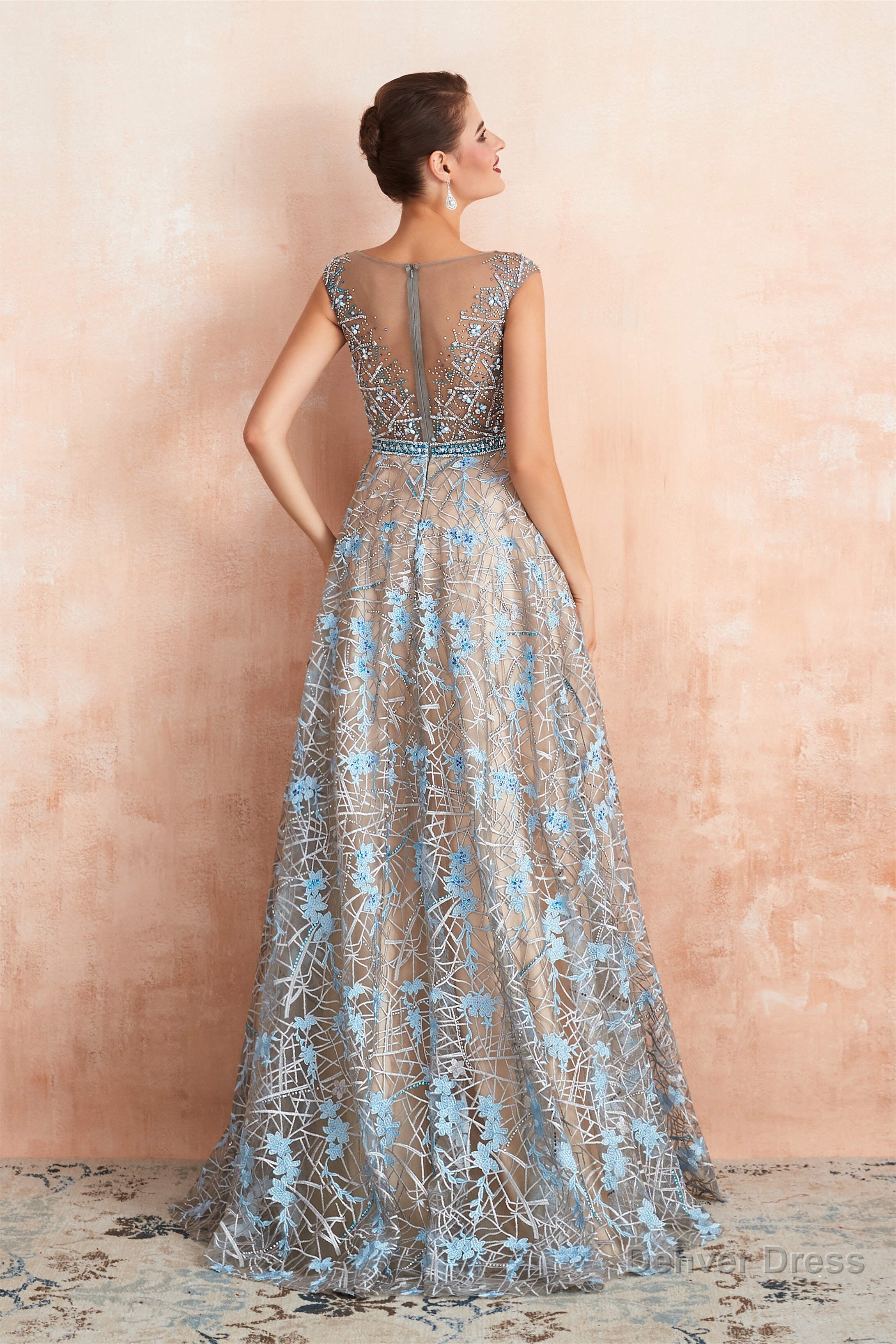 Sheer A Line Lace Sequin Jewel Long Prom Dresses with Crystals
