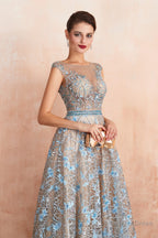 Sheer A Line Lace Sequin Jewel Long Prom Dresses with Crystals