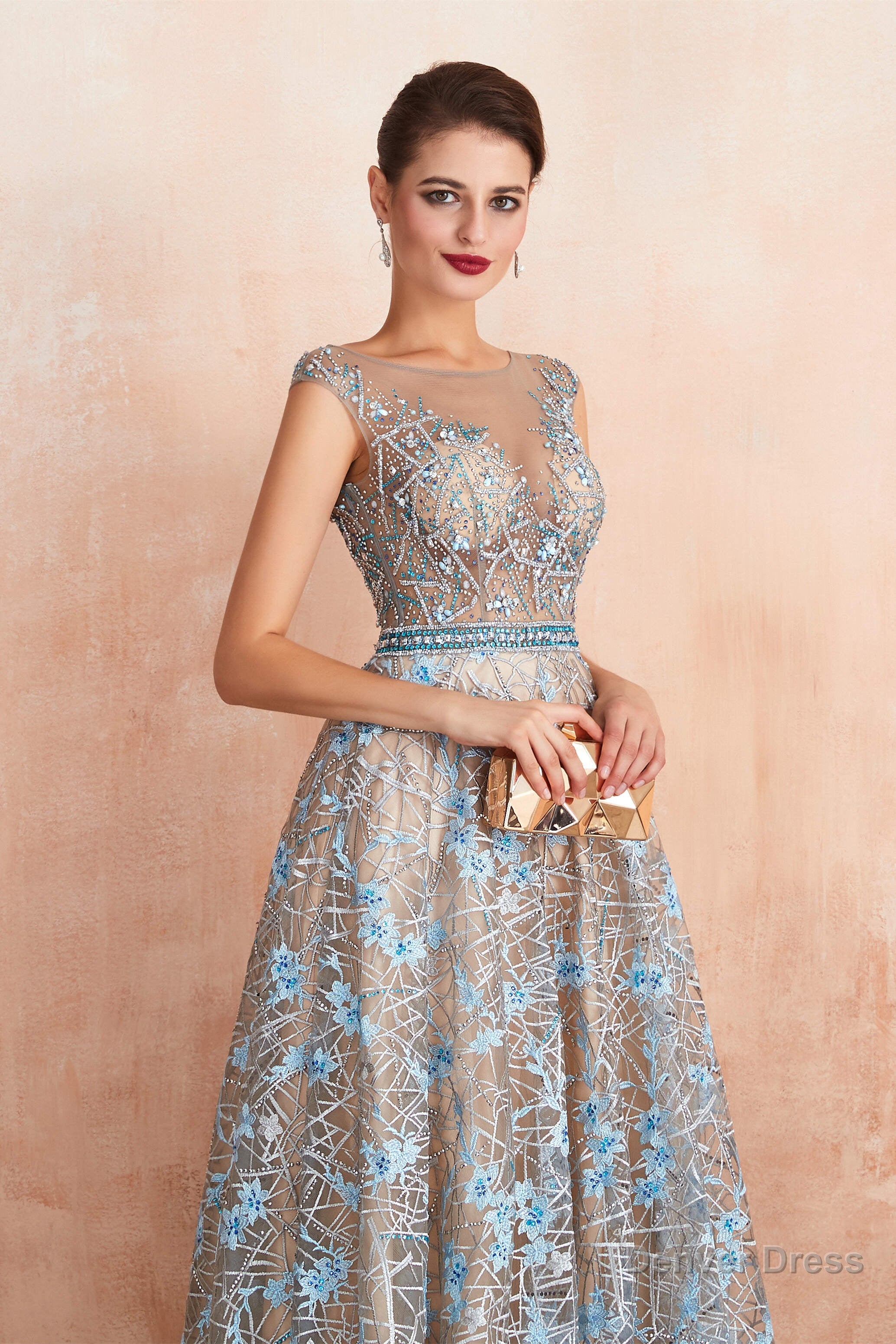 Sheer A Line Lace Sequin Jewel Long Prom Dresses with Crystals