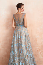 Sheer A Line Lace Sequin Jewel Long Prom Dresses with Crystals