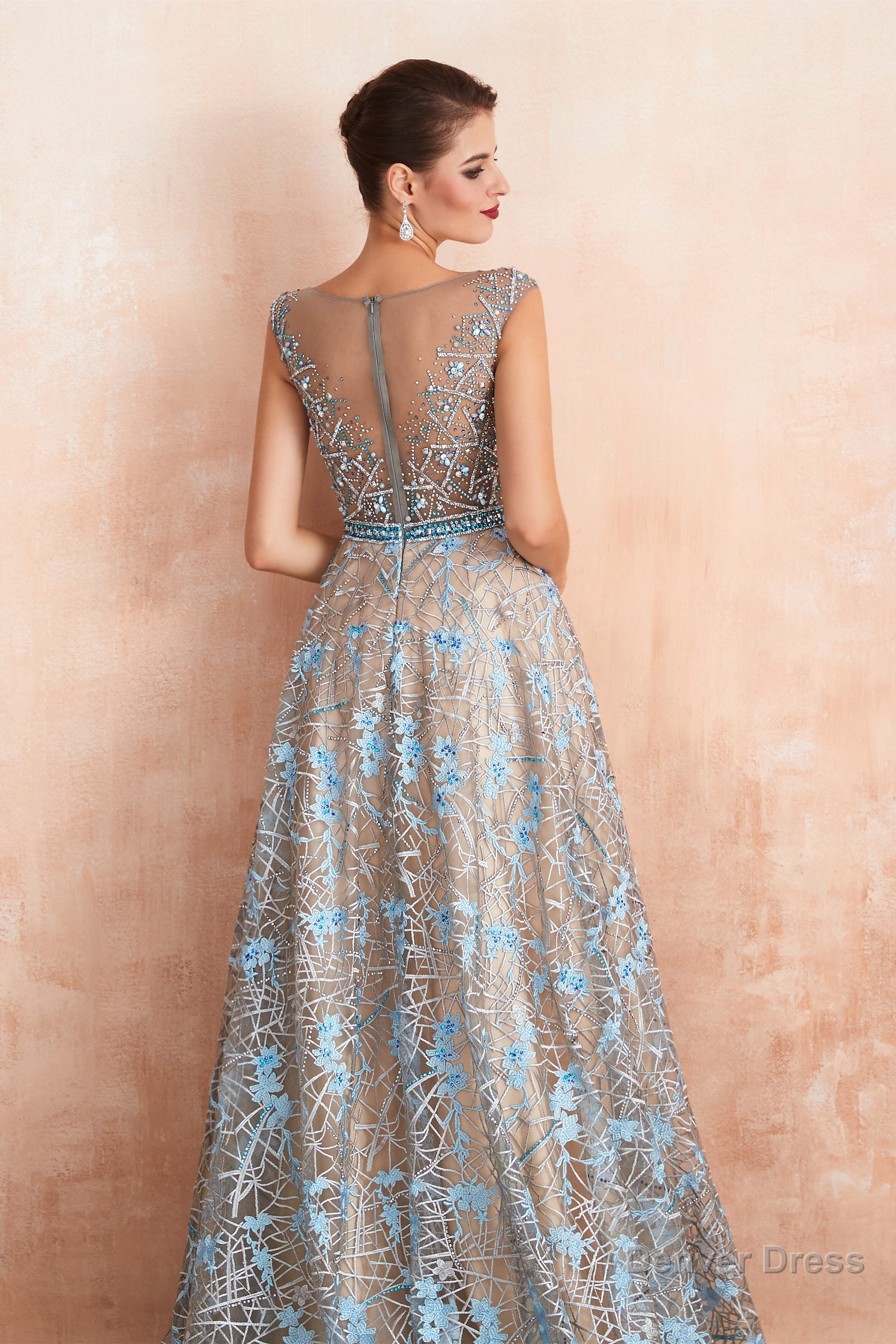 Sheer A Line Lace Sequin Jewel Long Prom Dresses with Crystals