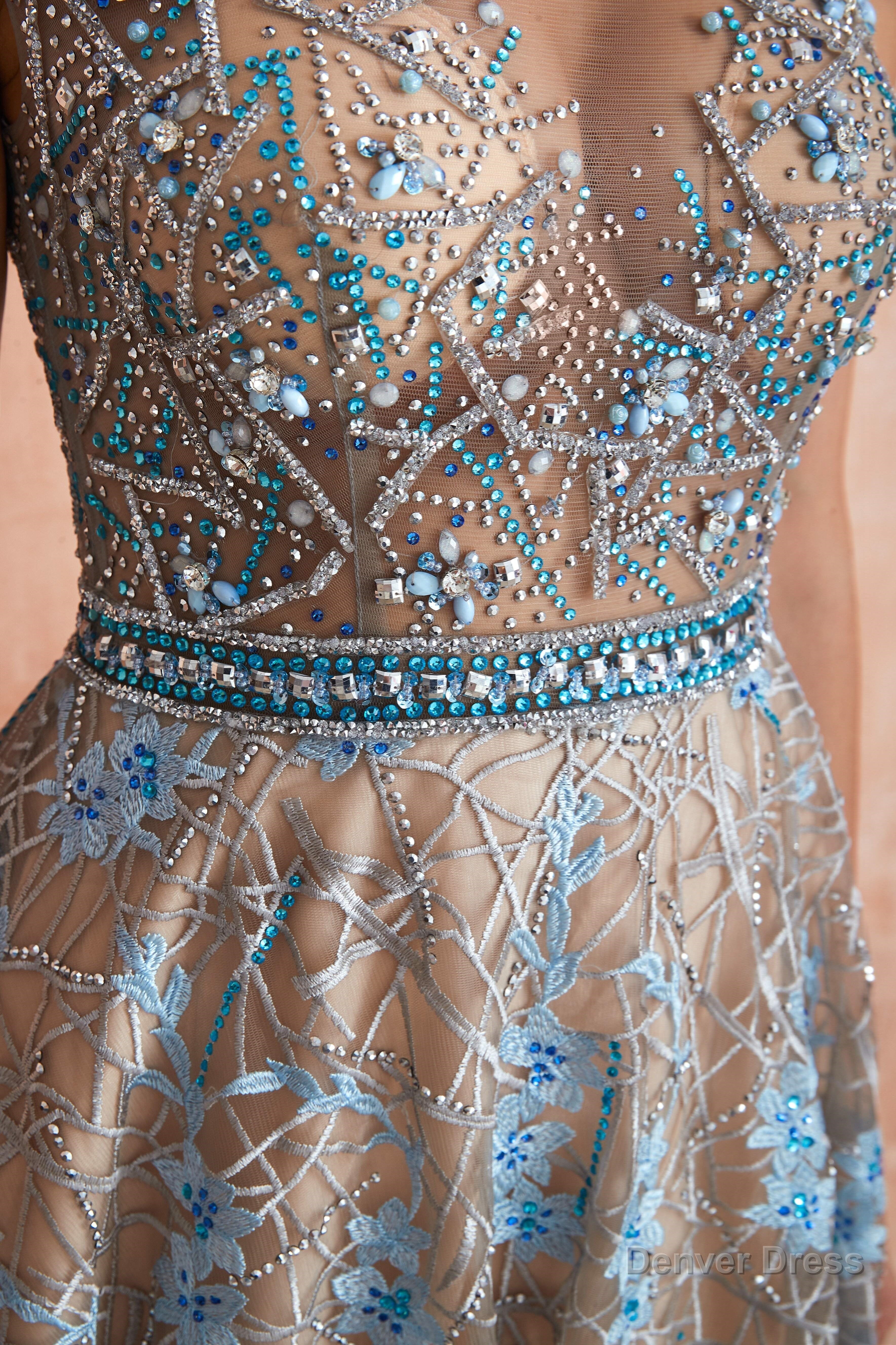 Sheer A Line Lace Sequin Jewel Long Prom Dresses with Crystals