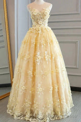 Sheer Appliques Lace A Line Yellow Prom Dress