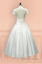 Sheer Back Satin Buttons Tea Length Cap Sleeves Wedding Dresses