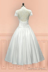 Sheer Back Satin Buttons Tea Length Cap Sleeves Wedding Dress
