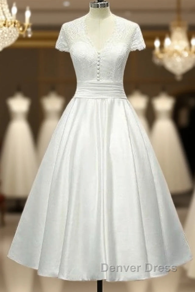 Sheer Back Satin Buttons Tea Length Cap Sleeves Wedding Dresses Main image
