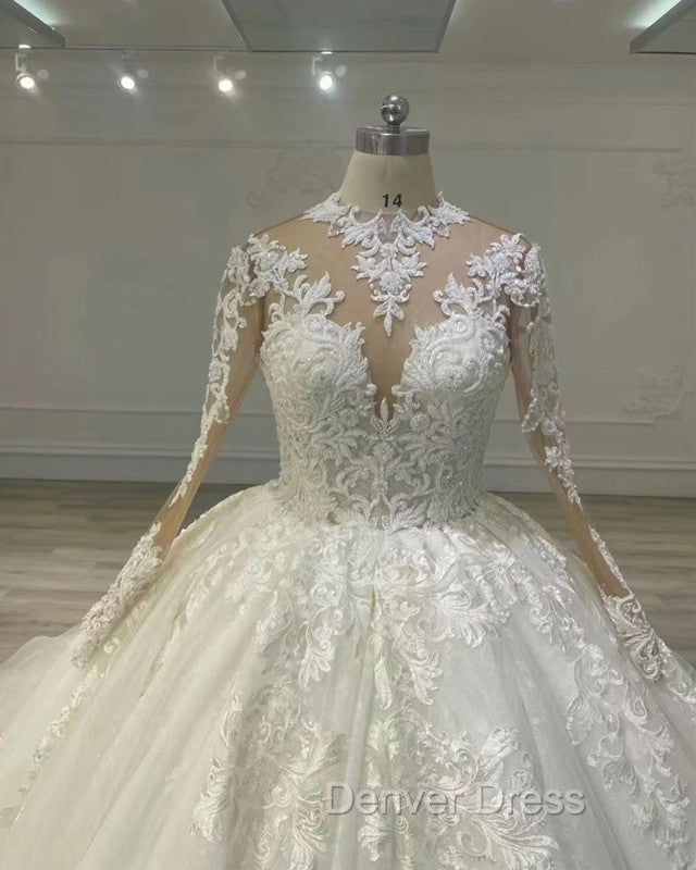 Sheer Lace Sleeve Wedding Ball Gown Dresses