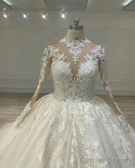 Sheer Lace Sleeve Wedding Ball Gown Dress