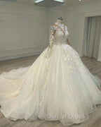 Sheer Lace Sleeve Wedding Ball Gowns Dresses