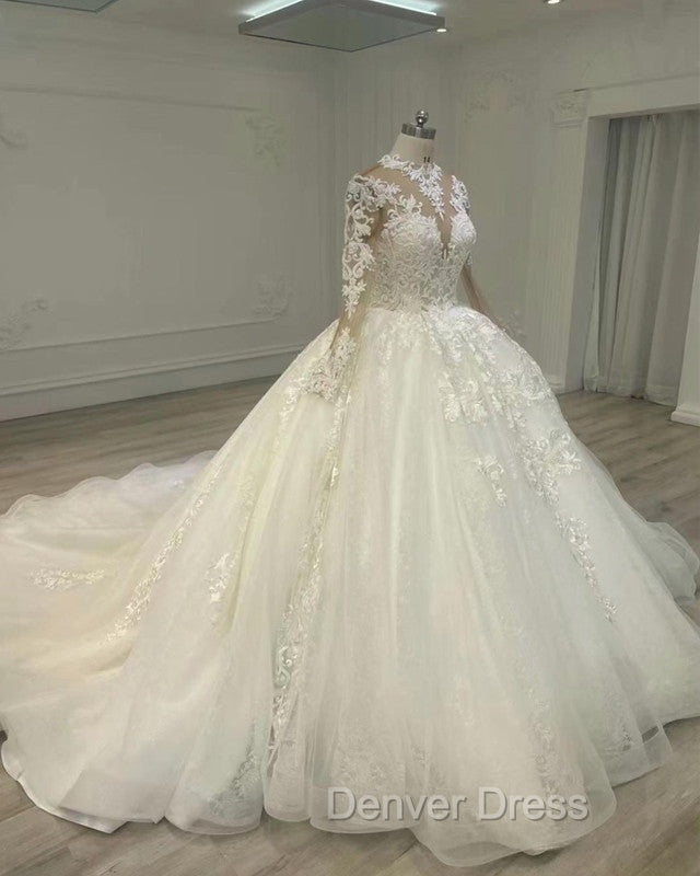 Sheer Lace Sleeve Wedding Ball Gowns Dresses