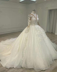 Sheer Lace Sleeve Wedding Ball Gown Dress