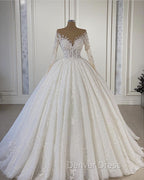 Sheer Neck Lace Wedding Dresses Ball Gown Long Sleeves