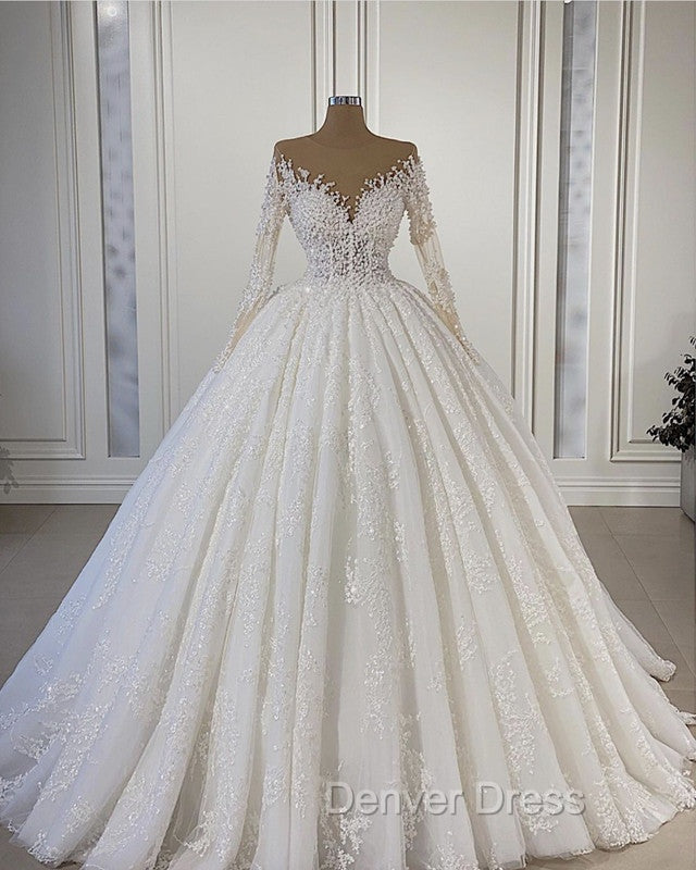 Sheer Neck Lace Wedding Dresses Ball Gown Long Sleeves