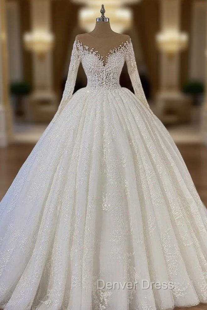 Sheer Neck Lace Wedding Dresses Ball Gown Long Sleeves Main image