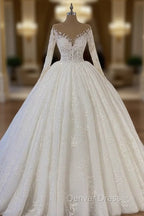 Sheer Neck Lace Wedding Dresses Ball Gown Long Sleeves