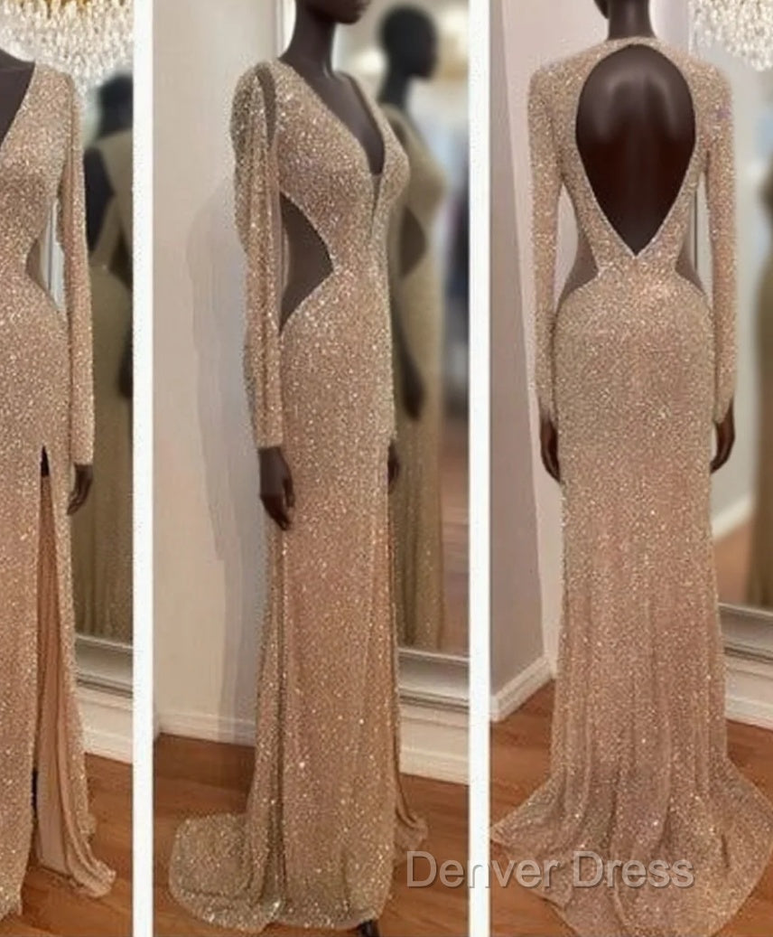 Sheer Sexy Sequins Long Sleeves Prom Dresses Main image