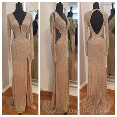 Sheer Sexy Sequins Long Sleeves Prom Dresses