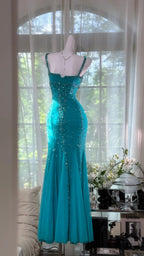 Shimmering Lake Blue Mermaid Beaded Chiffon Long Prom Dresses Evening Dresses