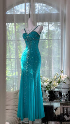 Shimmering Lake Blue Mermaid Beaded Chiffon Long Prom Dresses Evening Dresses